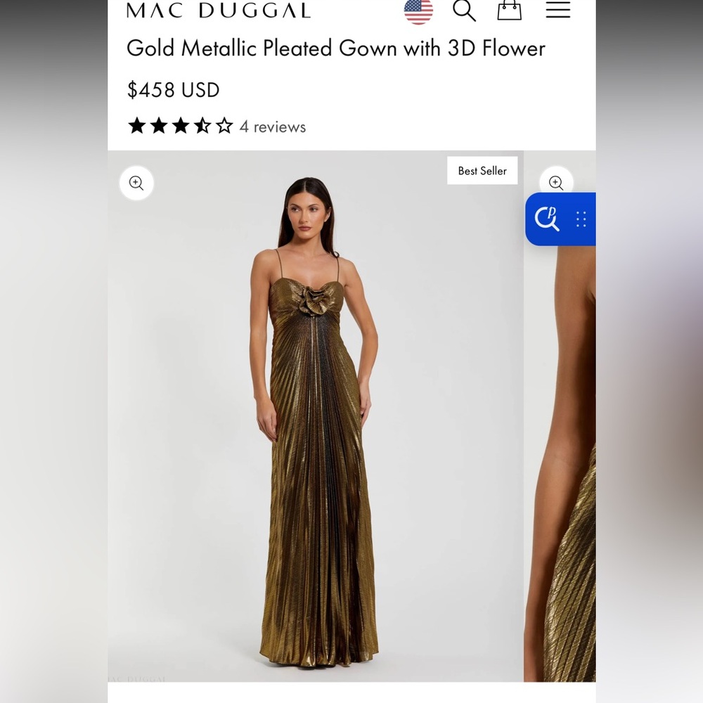 Mac Duggal Gold Metallic Pleated Gown with 3D Flower